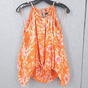 Sam & Jess Floral Halter Neck Gold Smocked Waist Orange Top Womens Size L